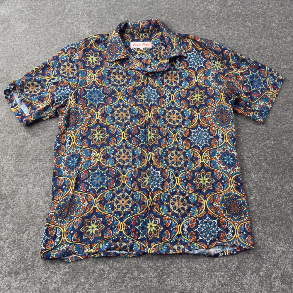 Perte d'Ego Button Down Shirt Mens Size L Blue Orange Mandala Modal Short Sleeve